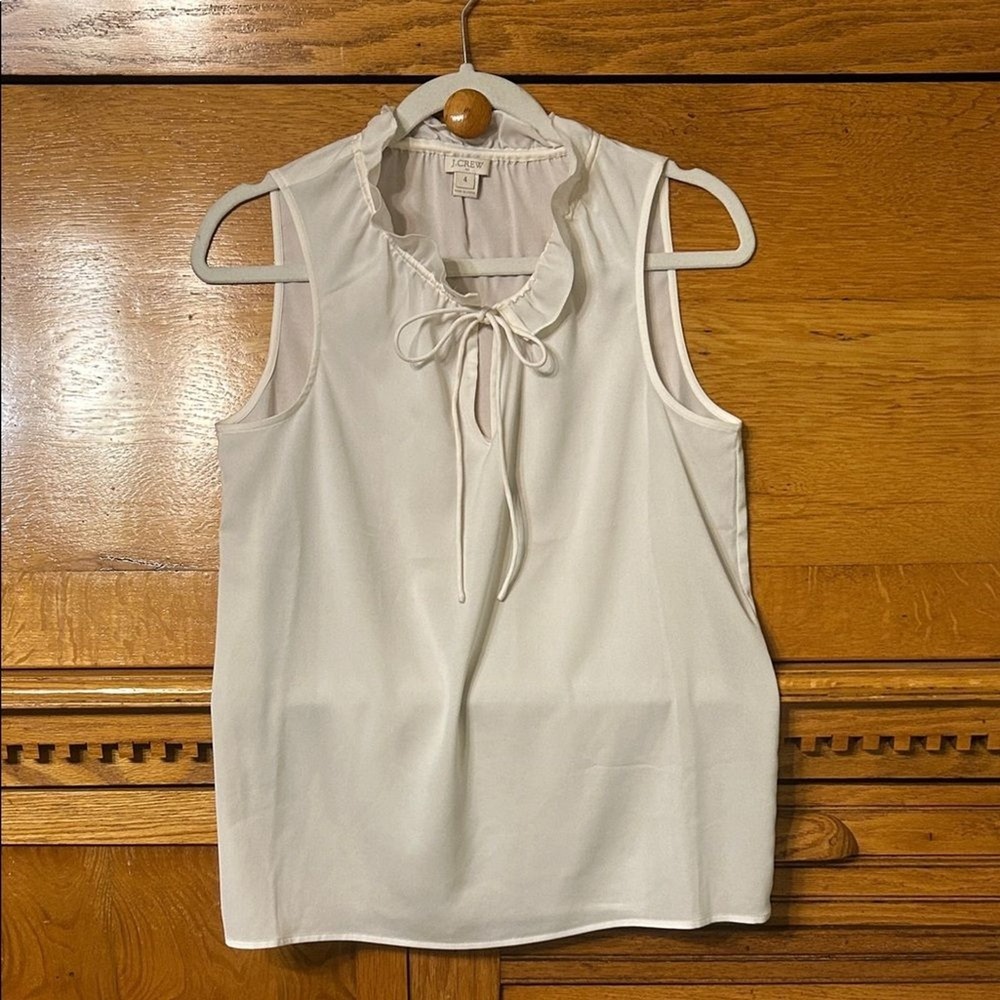 J.Crew Coquette Quiet Luxury Ivory Ruffle Tie Neck Sleeveless Blouse Top Cottage